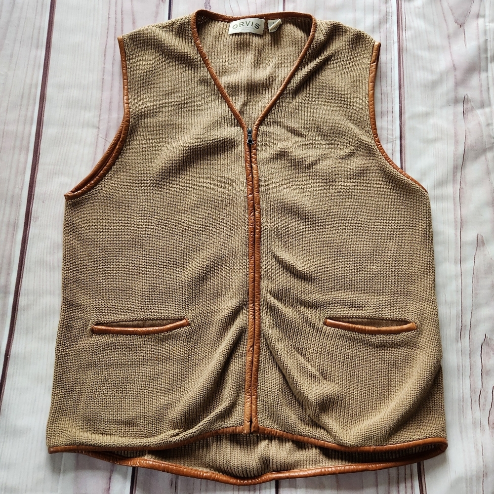 Orvis Vintage Knit Sweater Vest Leather Trim Tan | Men's Size L
